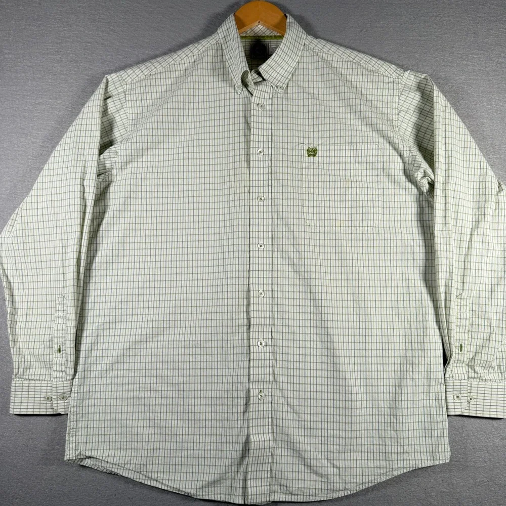 Cinch Mens Green White Micro Check Plaid Button Down Shirt Large MT10321111